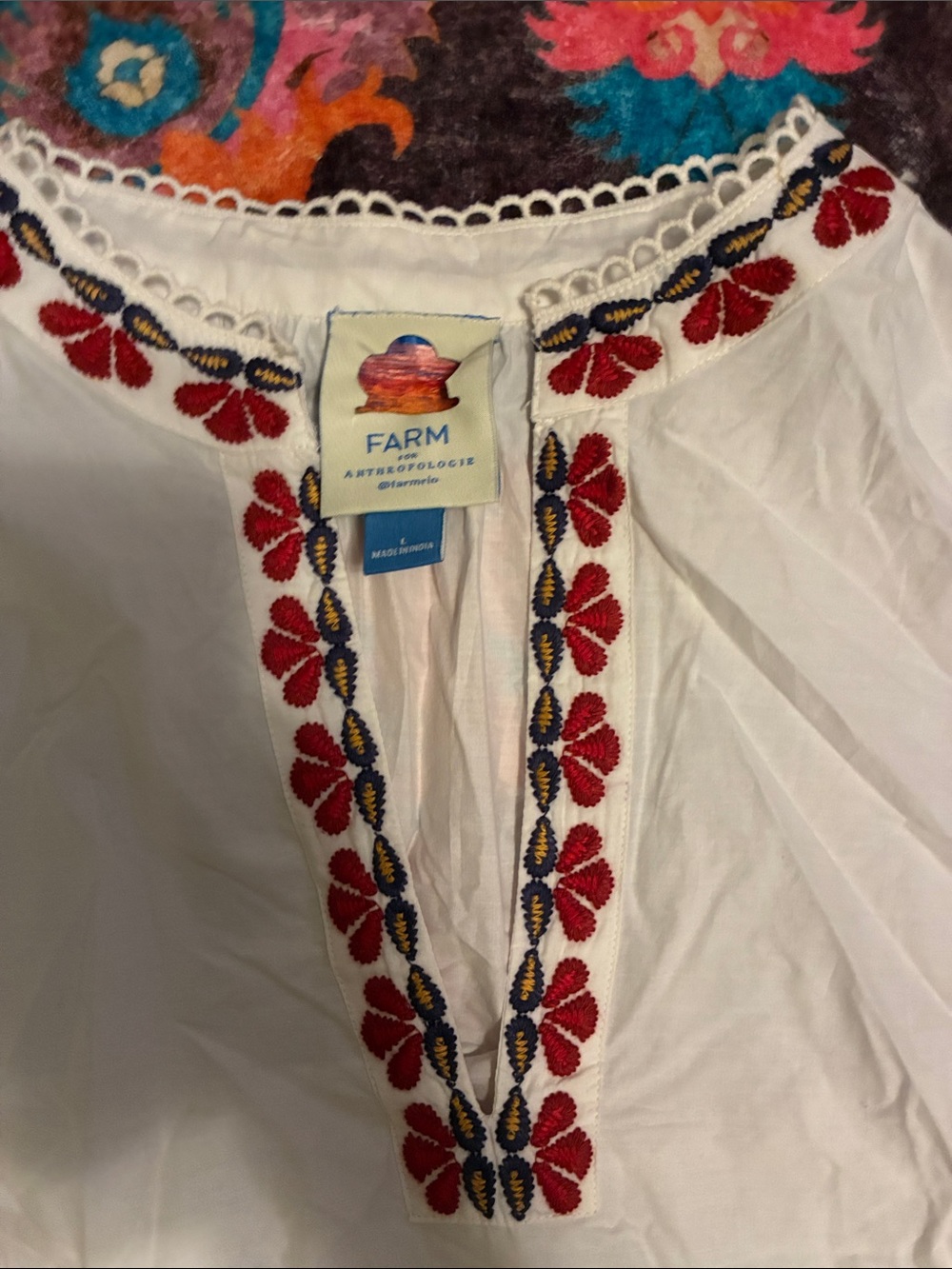 FARM Rio White Peasant Blouse with Red & Navy Embroidery - Picture 2 of 4